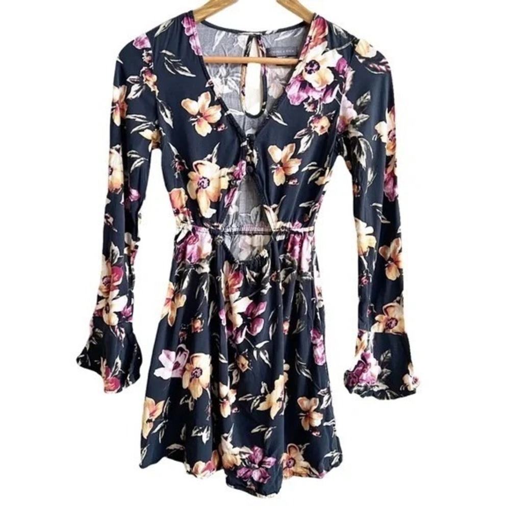 Kendall & Kylie XS Black‎ Floral Cutout Bell Sleeve Mini Dress Boho Festival
